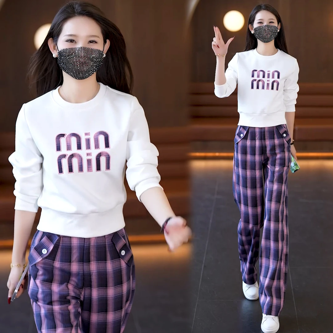 美式潮流紫色格纹裤 长裤新款时髦设计感阔腿裤百搭韩版休闲2024