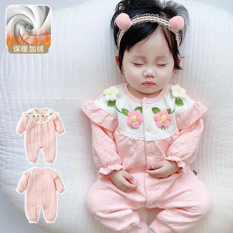 婴儿衣服秋冬装新生女宝宝连体衣公主满月百天加绒外出服哈衣爬服