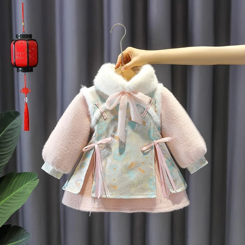 女童新款冬季加绒加厚唐装儿童汉服洋气超仙古装女宝宝改良旗袍裙