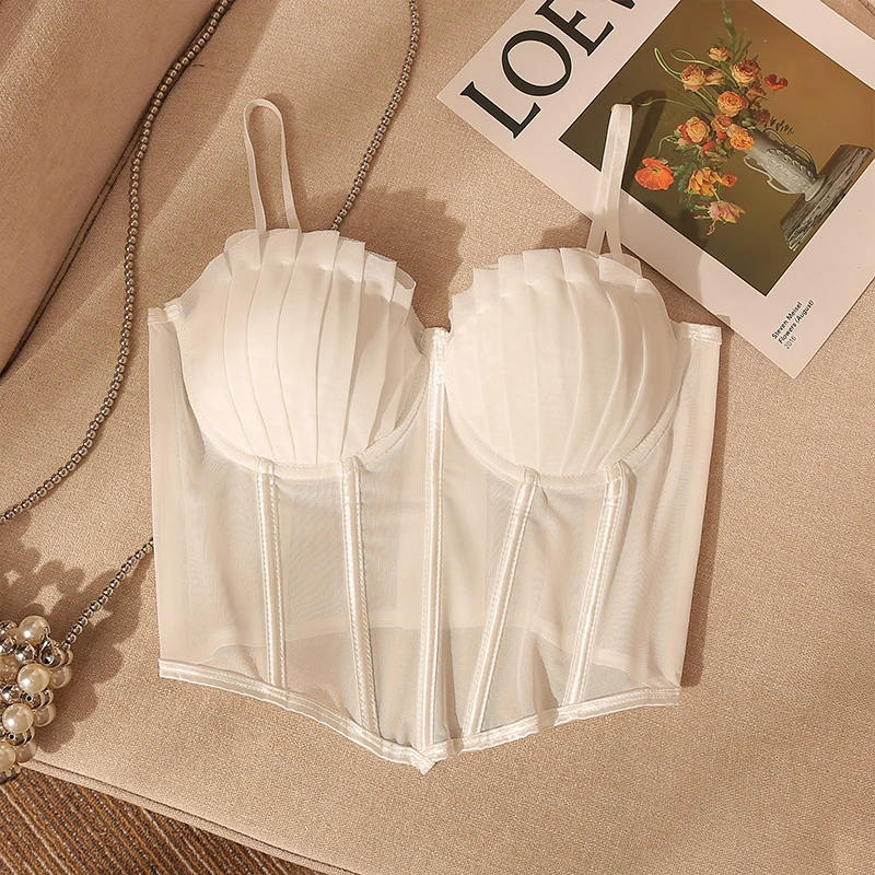 法式蕾丝鱼骨胸衣吊带背心女西装内搭带胸垫聚拢镂空抹胸上衣外穿