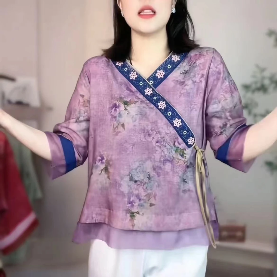 2025夏显瘦百搭气质古风宽松文艺斜襟复古中式中国风民族风上衣