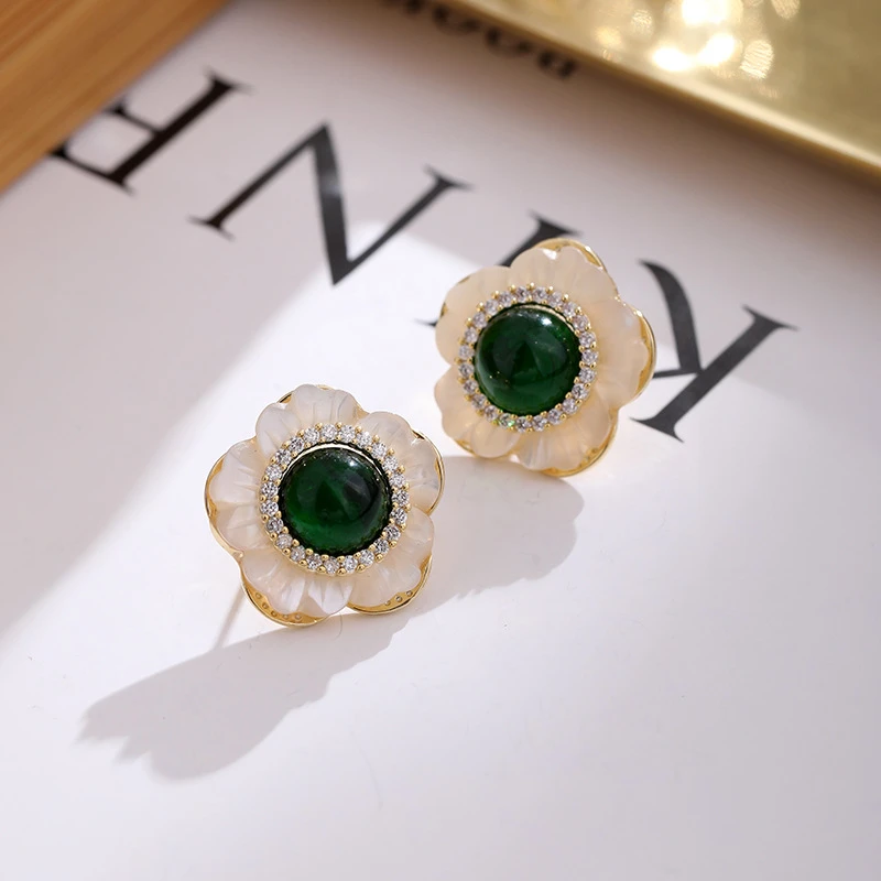 925银合成锆石耳饰 【盛夏花园】国风新中式绿色百搭耳环女1587