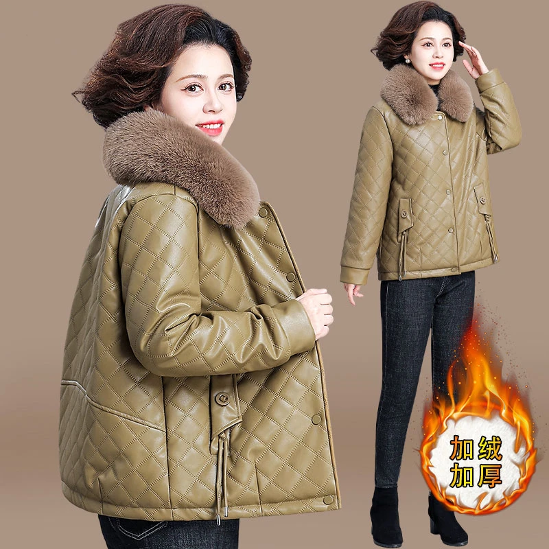 品牌中年妈妈冬装加绒加厚皮衣洋气小个子短款中老年女棉衣外套