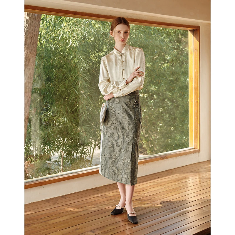 范思蓝恩繁花新中式轻国风a字半身裙女春装2024新款24FS11046