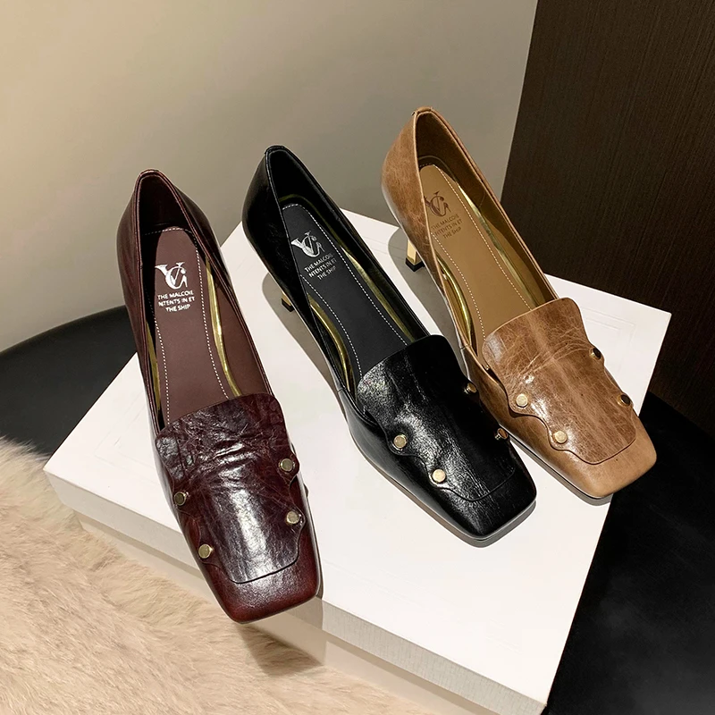 【Harvisss】2025春季新款气质百搭方头复古铆钉真皮软面单鞋6cm