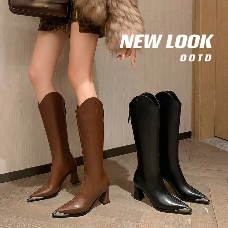 【Harvisss】2024冬季新款金属防踢头拉链款气质真皮女士长靴-7CM