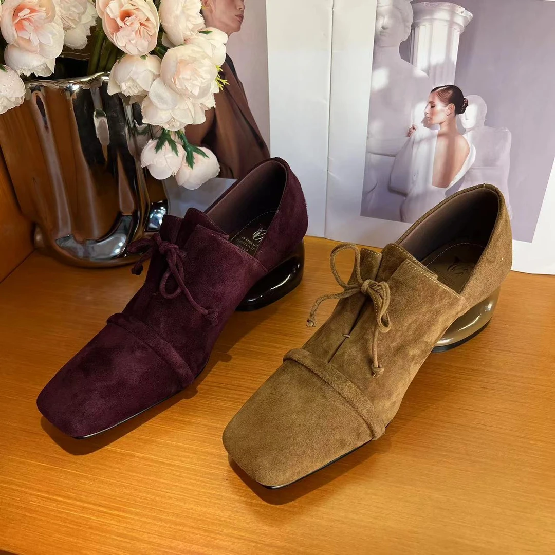 【Harvisss】2024冬秋新款小众设计方头系带百搭真皮软面女单鞋-5cm