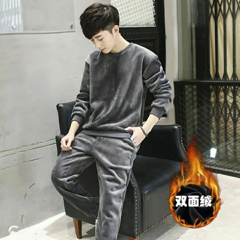 金丝绒运动套装秋冬新款韩版加绒加厚青少年双面绒保暖休闲套装