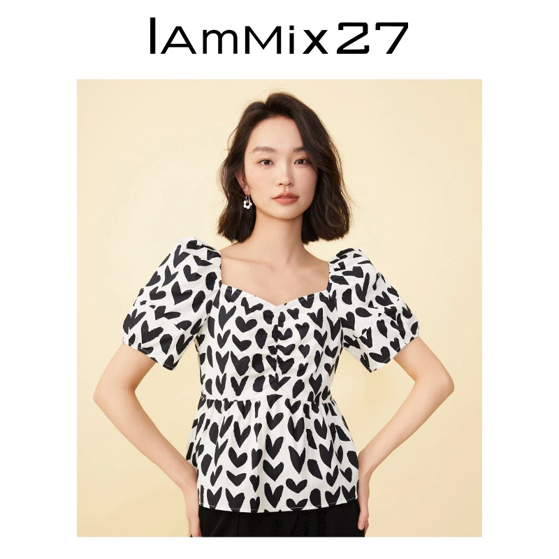 Iammix27短袖衬衫女青春减龄爱心印花方领泡泡袖套头衫女M3B2023