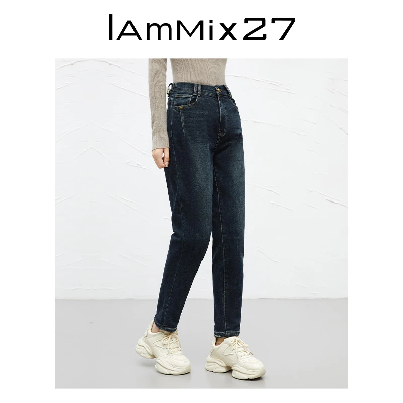 Iammix27品牌女装专供热力复古高腰拉绒牛仔裤Z3D7001