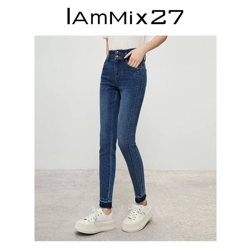 Iammix27春秋高腰修身牛仔裤女百搭水洗毛边铅笔小脚裤女M2C7N43