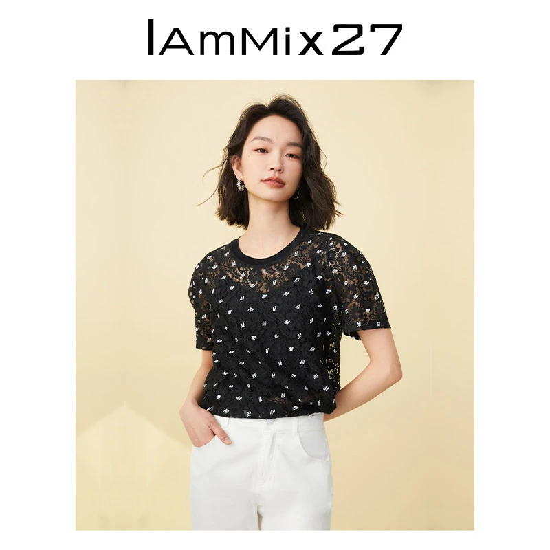 Iammix27夏季短袖T恤女时尚针织吊带镂空印花蕾丝衫女M3B8027