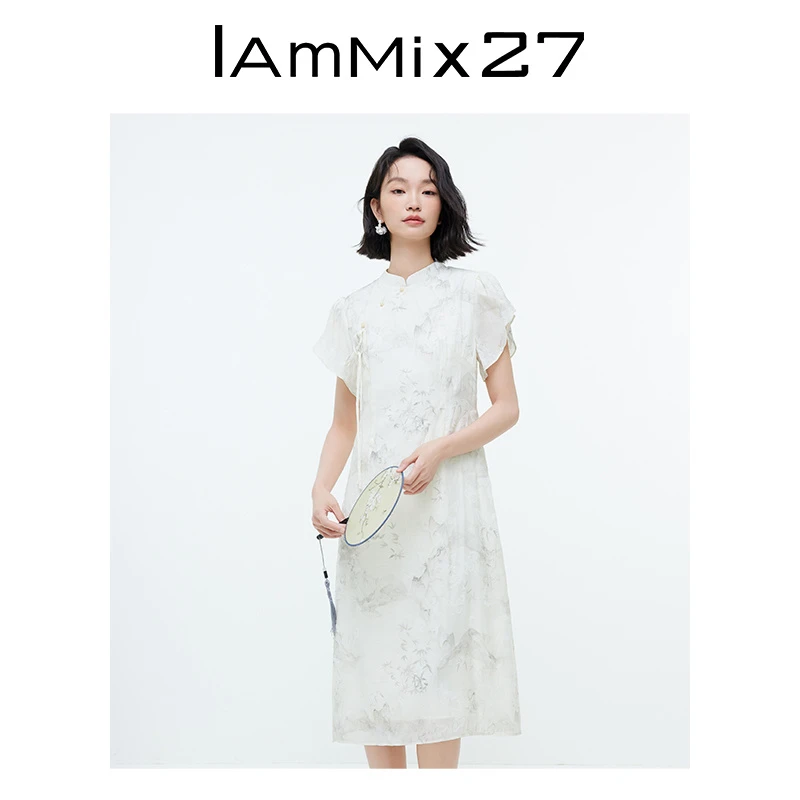 Iammix27新中式连衣裙女国风印花立领花瓣袖改良连衣裙女Z4B9003