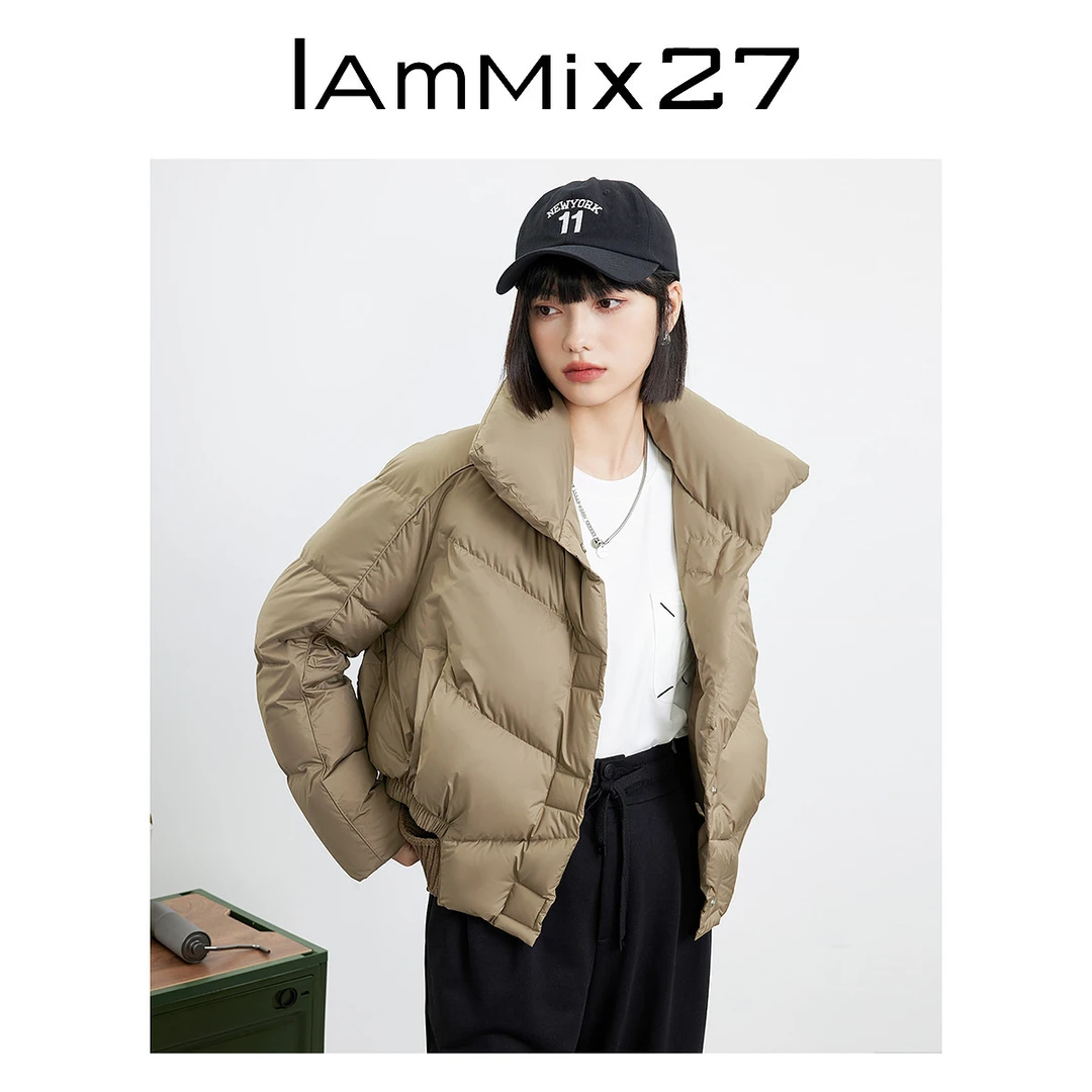 Iammix27白鸭绒外套女保暖90绒镂空针织拼接落肩羽绒服女M3C0083
