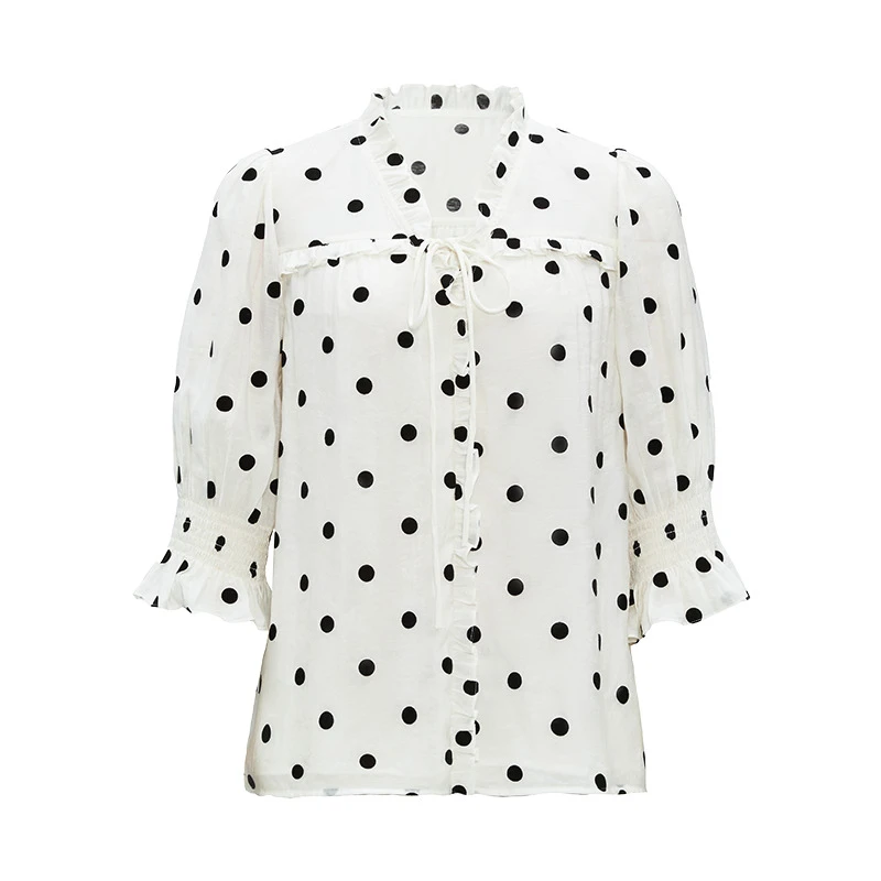 Iammix27法式V领衬衫女减龄泡泡袖个性木耳边波点衬衣女M3C2117