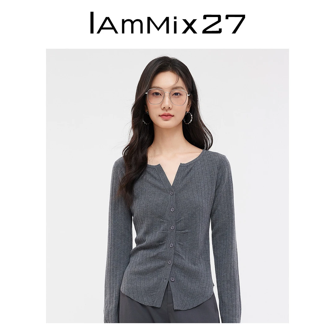 Iammix27简约针织开衫女绵羊毛山羊绒混纺微开领针织衫女Z4C5024