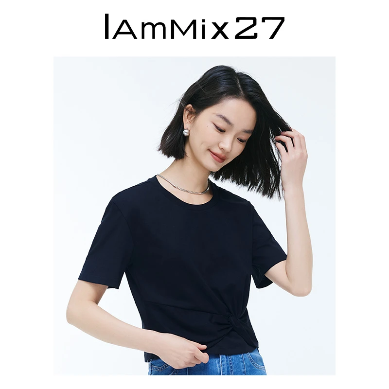 Iammix27夏季短袖T恤女个性扭结衣摆基础款黑色圆领上衣M3B8017