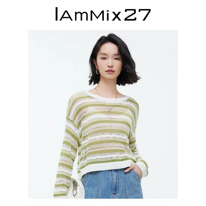 Iammix27夏季圆领针织衫女镂空撞色条纹落肩薄款针织上衣Z4B5011