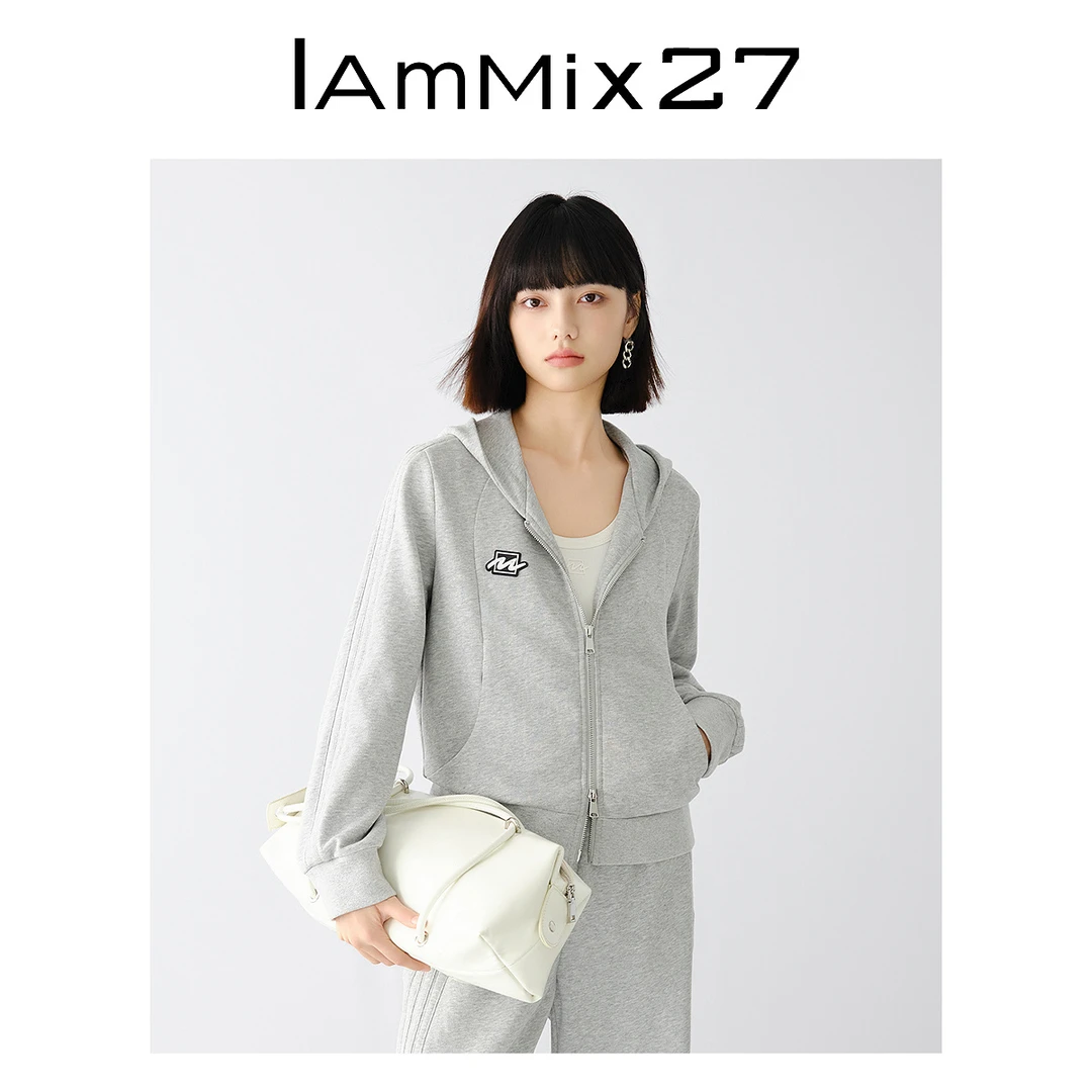 Iammix27双拉链连帽外套女撞色简约百搭全棉休闲短外套女M4A3143