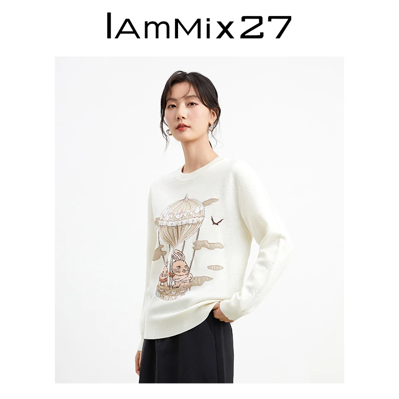 Iammix27圆领套头毛衫女秋冬加厚保暖绵羊毛混纺长袖毛衣M3A5T001