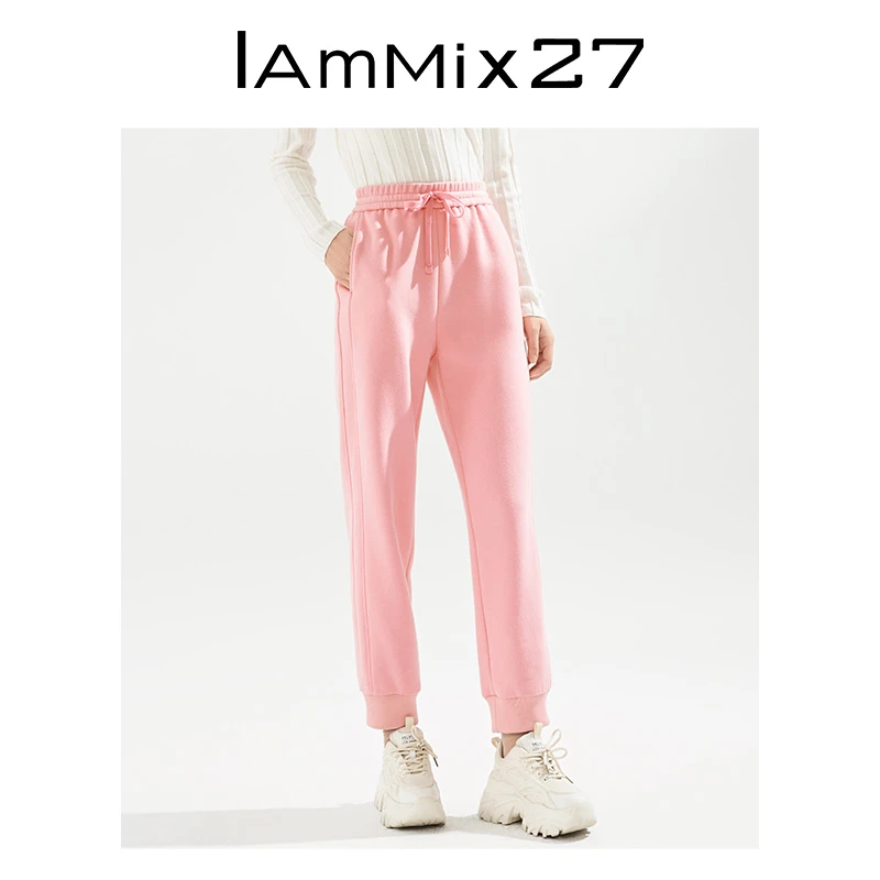 Iammix27休闲运动裤女冬季加厚磨毛个性松紧高腰休闲裤女M2D7C387