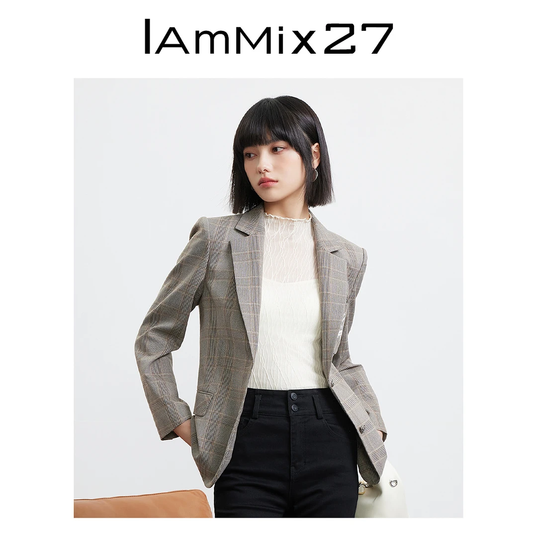 Iammix27复古西装外套女撞色格子休闲刺绣简约西服外套M3C3288