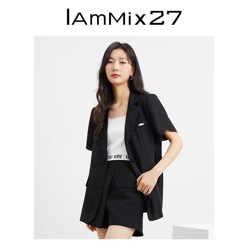 Iammix27黑色西装女春夏个性开衩休闲西装领短袖西服上衣M3A3X095