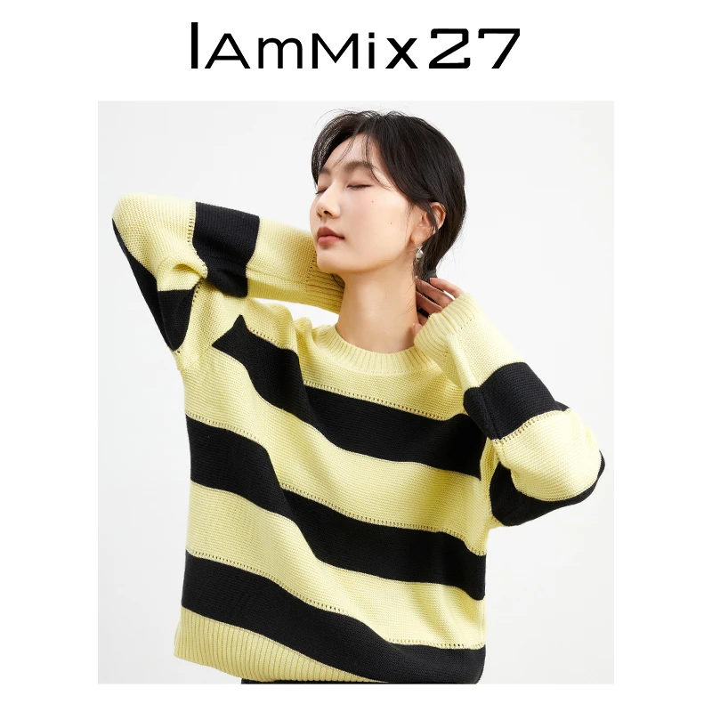 Iammix27秋冬毛衣女保暖羊毛混纺慵懒落肩圆领套头毛衫女M3A5S007
