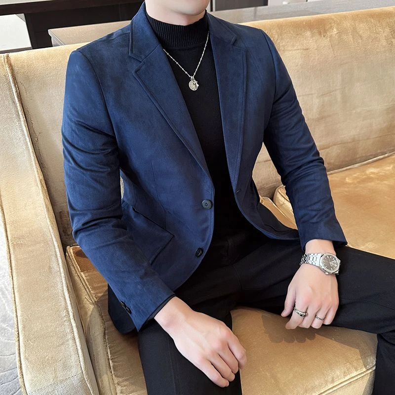 秋冬季休闲西装外套男高级感加厚保暖商务修身男士鹿皮绒西服痞帅