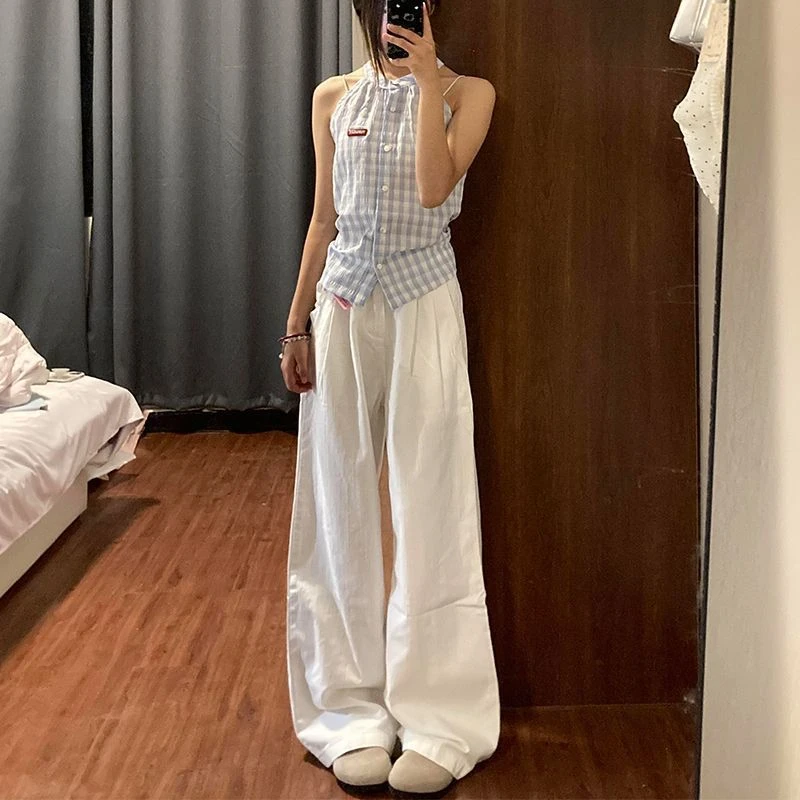 小众春季新款显瘦高腰休闲时尚复古外穿设计感白色宽松阔腿裤女