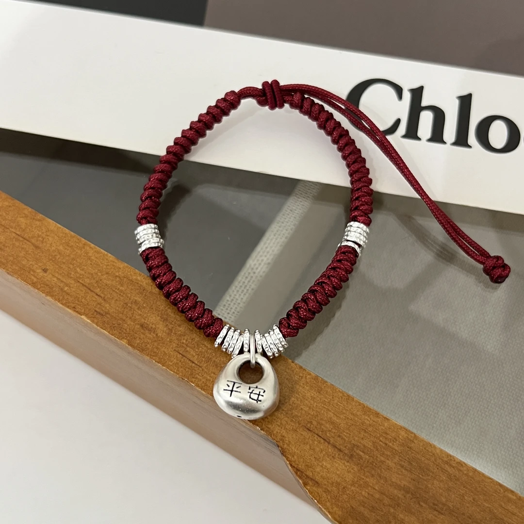 925银手链 复古简约ins小众平安是福吊坠手工编织时尚百搭手链