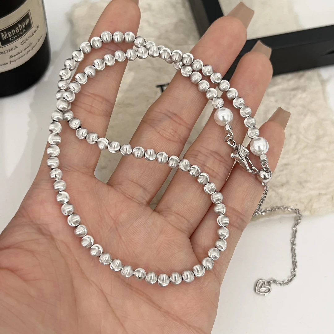 坠链均925银仿珍珠 《初见》轻奢风磨砂拉丝满圈抽拉项链38+10cm