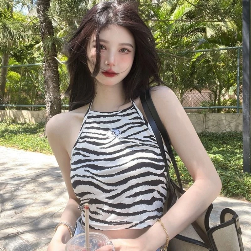 吊带辣妹风祭爱印花夏季新款日系印花交叉系带短款少女小街头背心