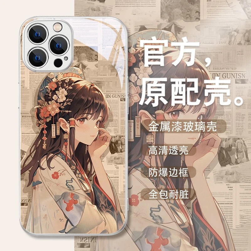 国风少女适用手机保护壳苹果15promax复古iphone14中国风13玻璃12
