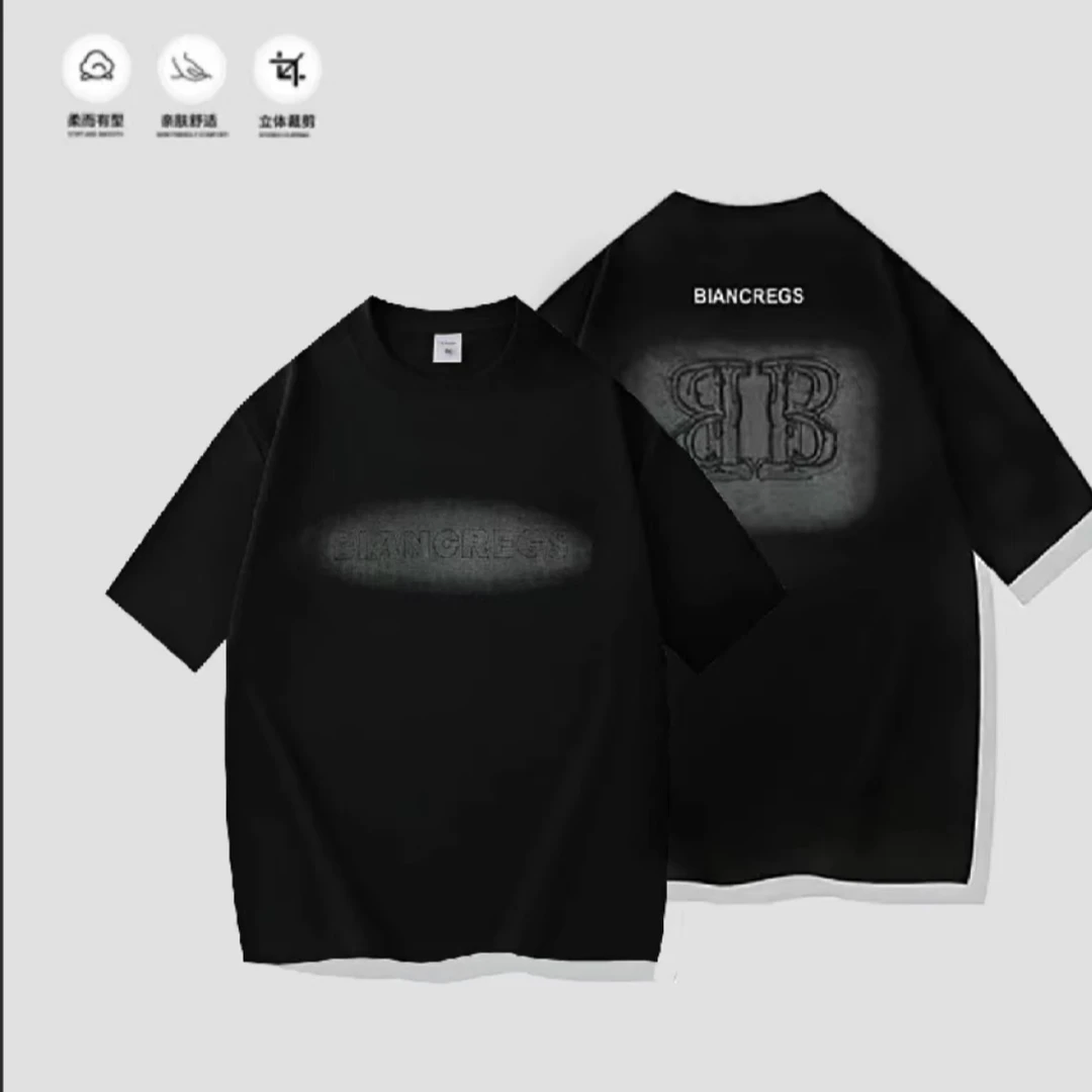 双B喷绘重磅纯棉运动情侣休闲半袖T恤潮流时尚百搭喷绘6609