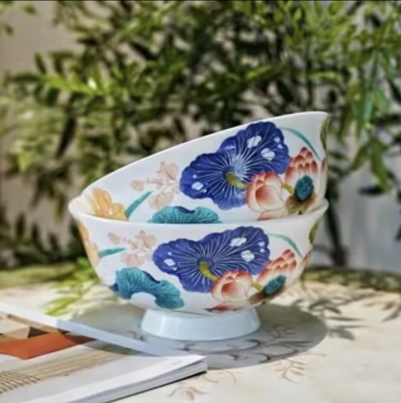 《荷塘趣事》景德镇高温骨瓷餐具6英寸面碗2个装釉下珐琅彩复古手绘