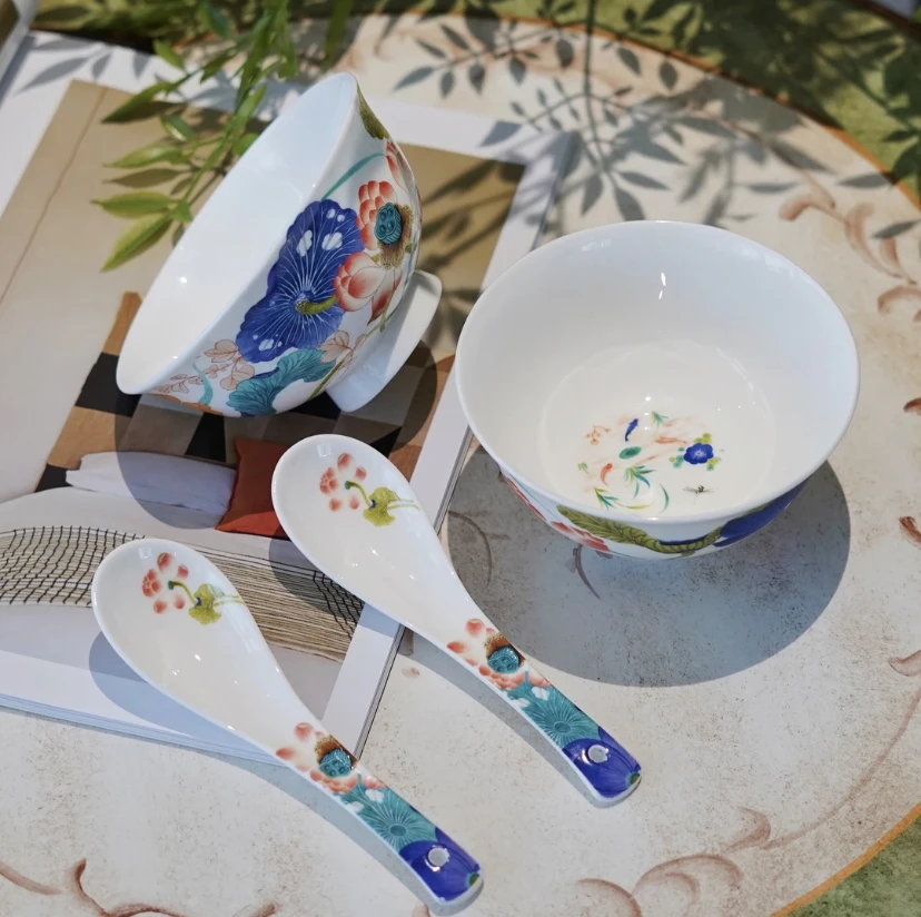 《荷塘趣事》4.5英寸米饭碗带勺高温骨瓷碗具荷花釉下复古手绘餐具