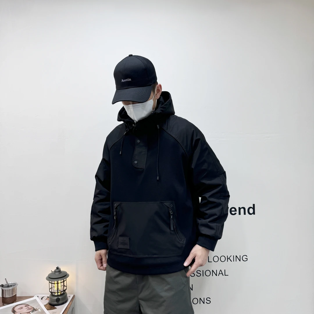 冬季新款加棉连帽卫衣男多口袋工装拉链套头上衣拼接拉链口袋夹克