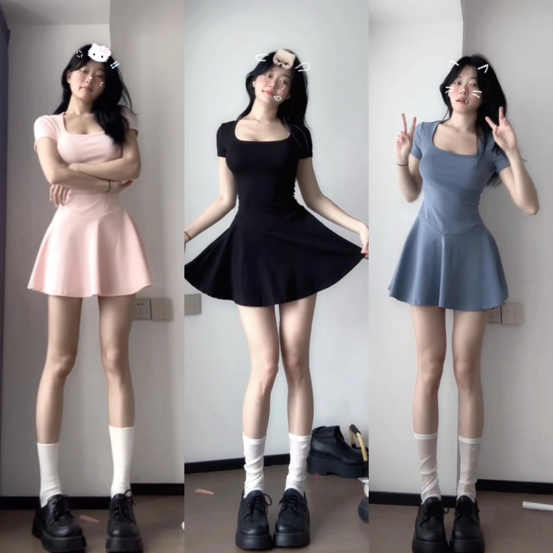 【卷卷家】宝蓝色修身a字短裙小个子短款气质收腰裙子（无打底裤）