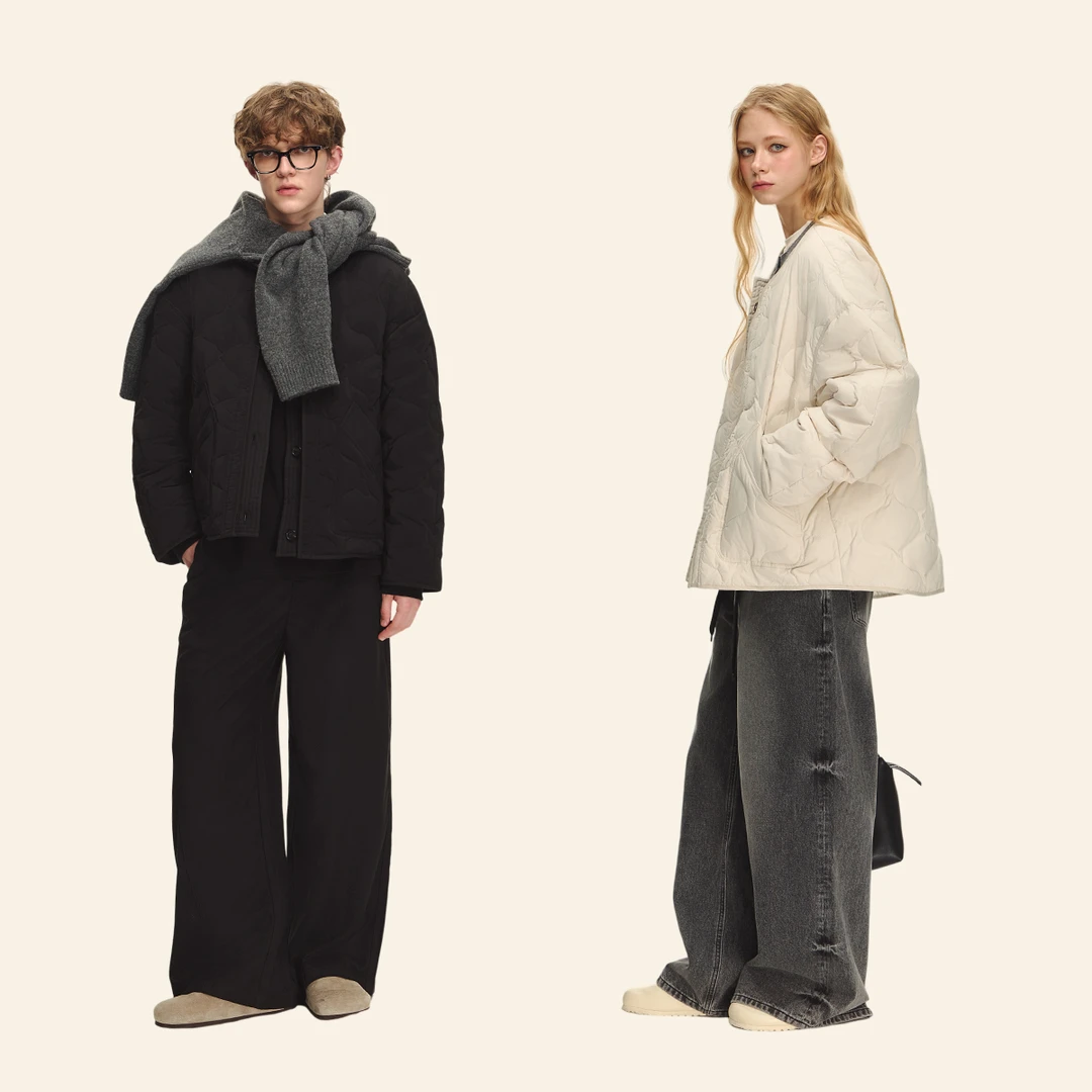 CLIMAX VISION轻盈无领葫芦格绗缝牛角扣夹克羽绒服无性别外套