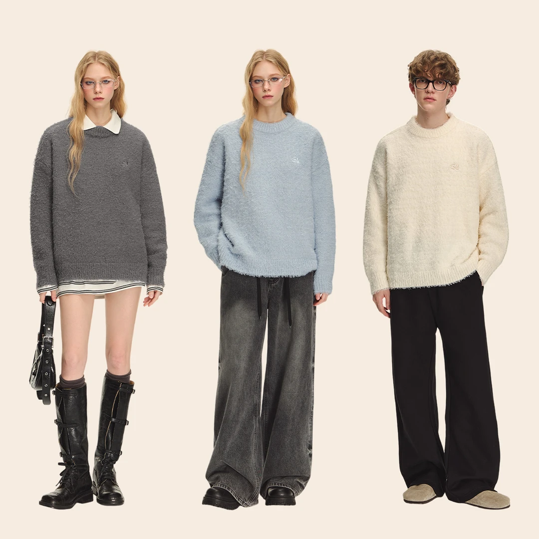 CLIMAX VISION软糯泰迪绒立体刺绣圆领套头毛衣男女同款针织衫