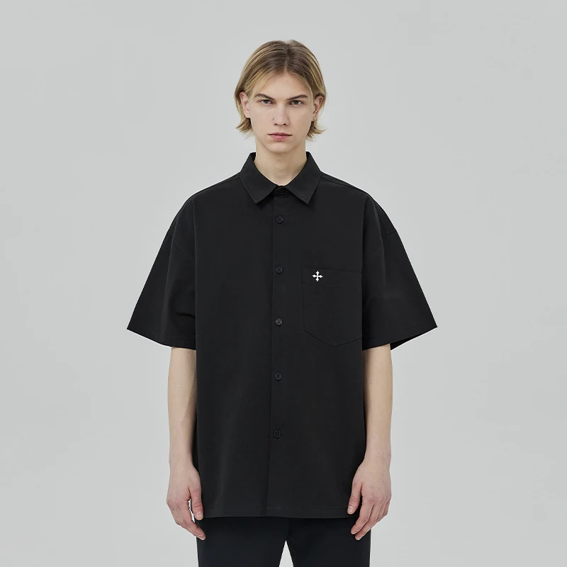 CLIMAX VISION十字架刺绣休闲短袖衬衫T恤美式高街宽松半袖衬衣