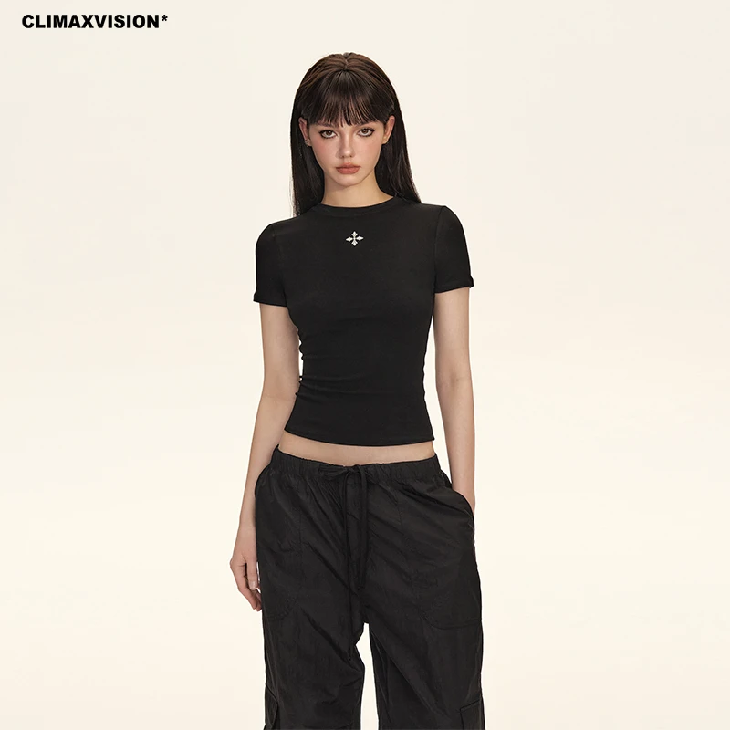 CLIMAX VISION轻薄裸感沙漏腰十字花紧身短袖T恤百搭辣妹显瘦体恤