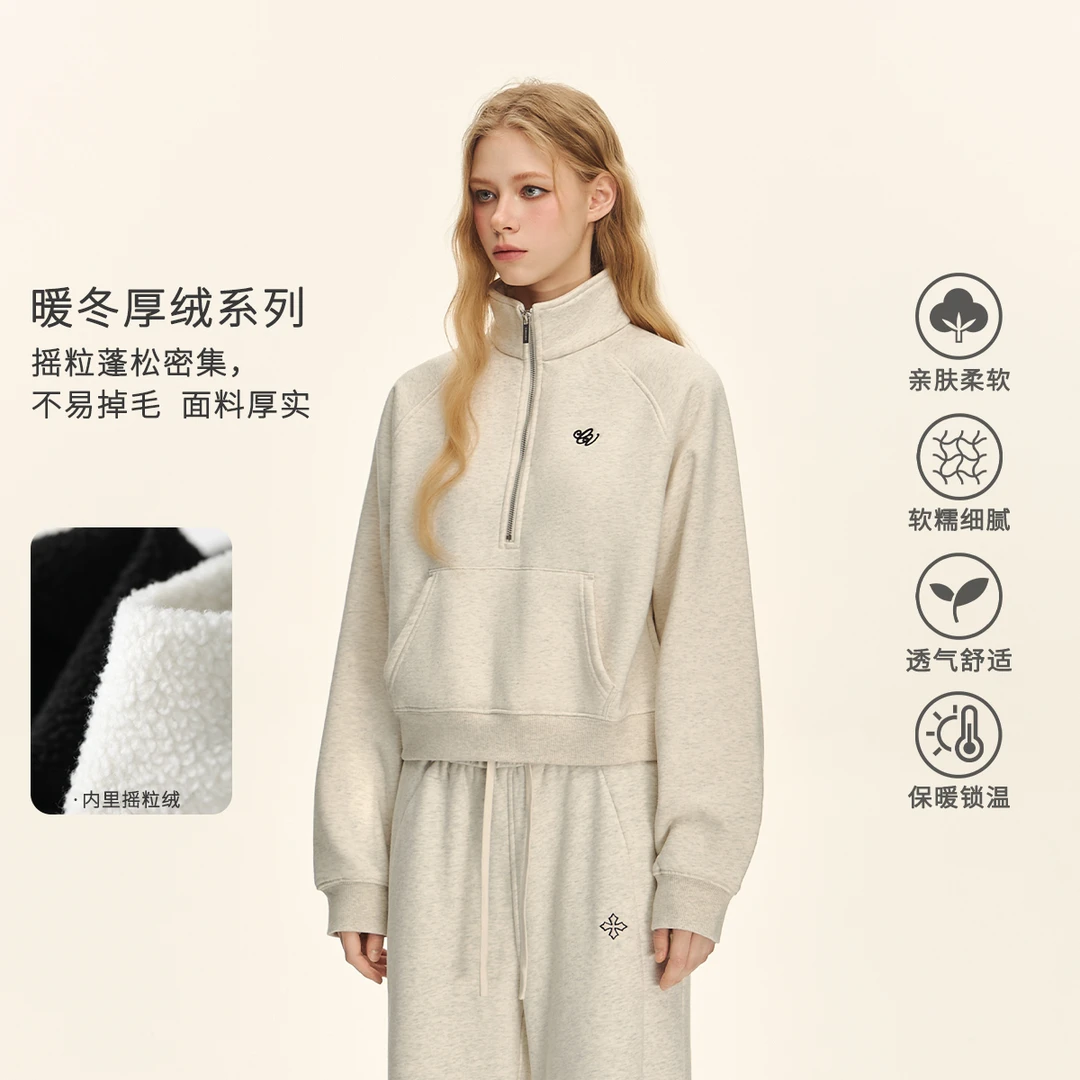 CLIMAX VISION370克自发热一体绒半拉链套头卫衣女短款加绒外套