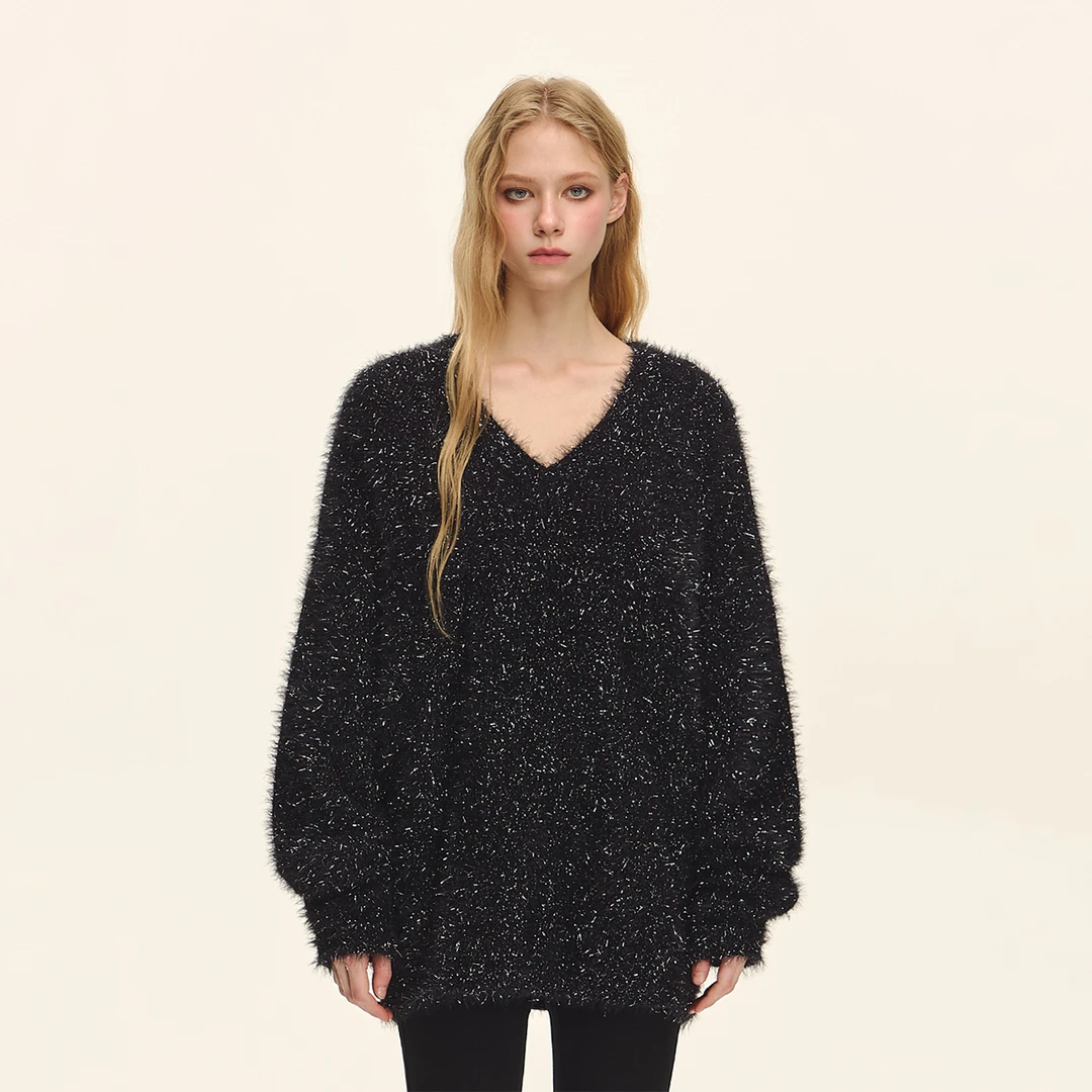 CLIMAX VISION满天星闪耀银丝仿貂毛纱线V领慵懒风毛衣女针织衫