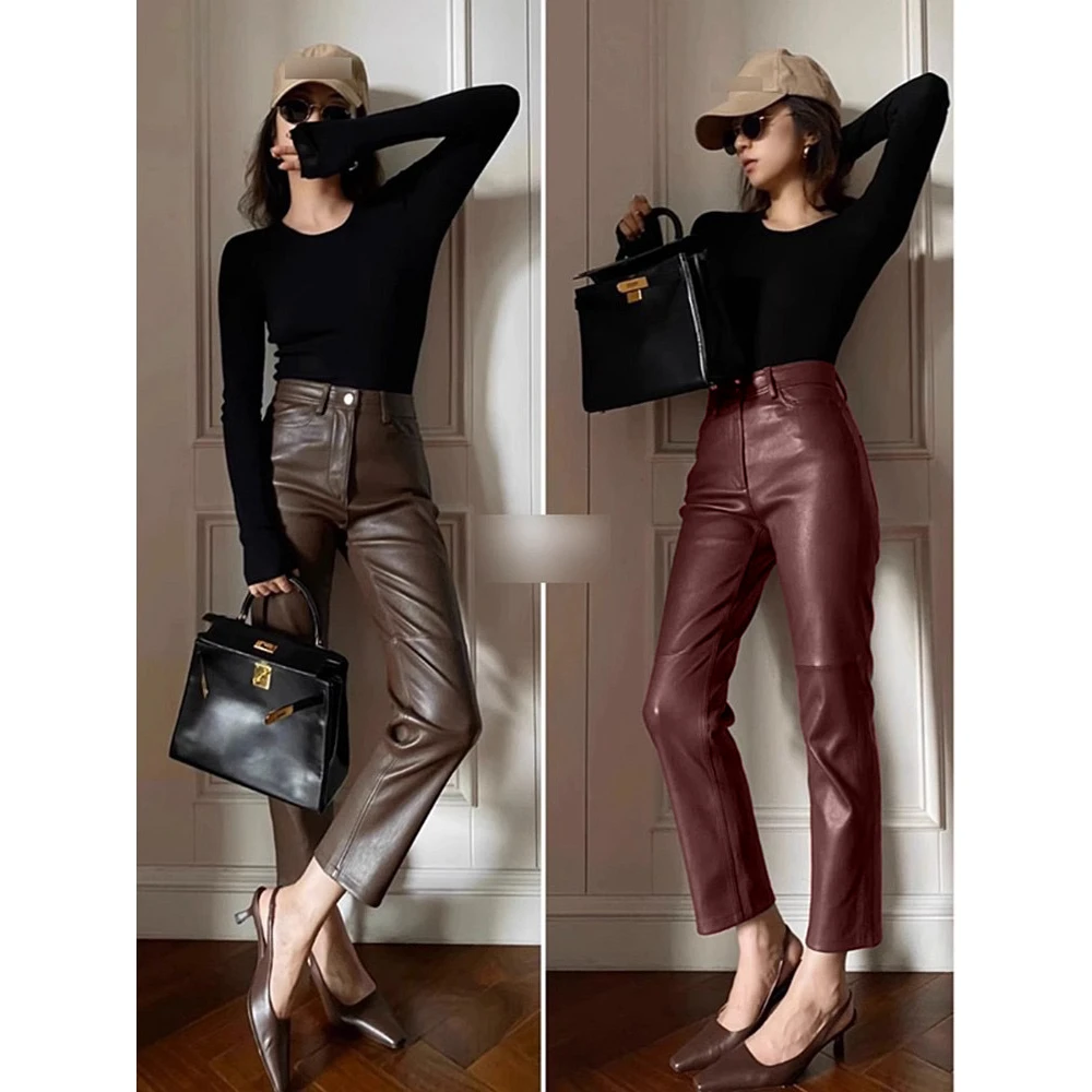 九分直筒裤 修身显瘦秋冬外穿皮裤安可拉红裤子 时尚休闲八分皮裤