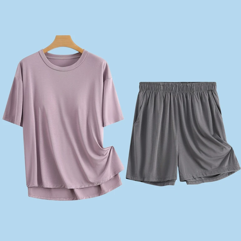 带胸垫莫代尔棉睡衣女夏季短袖短裤七分裤套装夏天薄款外穿家居服
