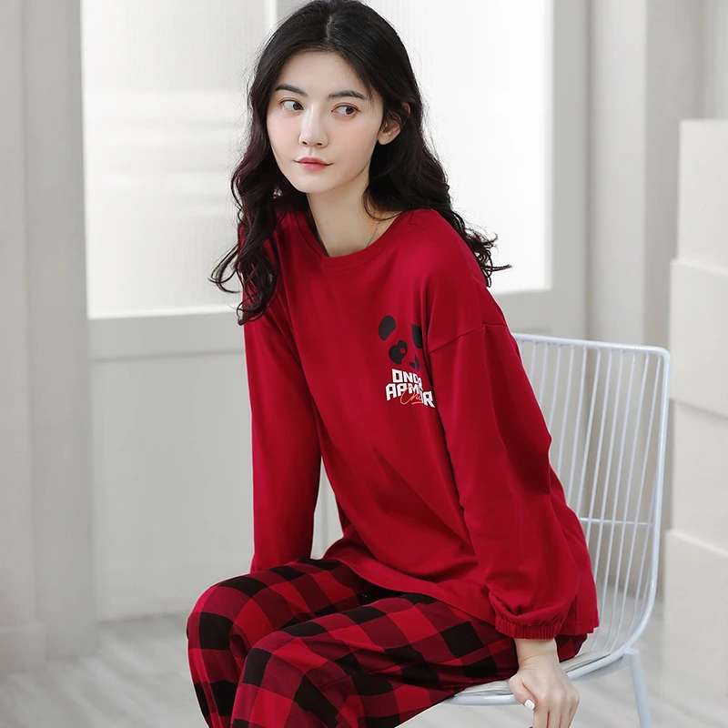 100%全棉加厚长袖睡衣女套装秋冬外穿百搭简约双面纯棉舒适家居服