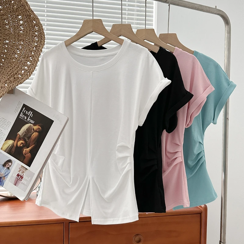 1CoMo显瘦夏季开叉薄款爆款收腰纯色褶皱莫奈花园风百搭T恤2485