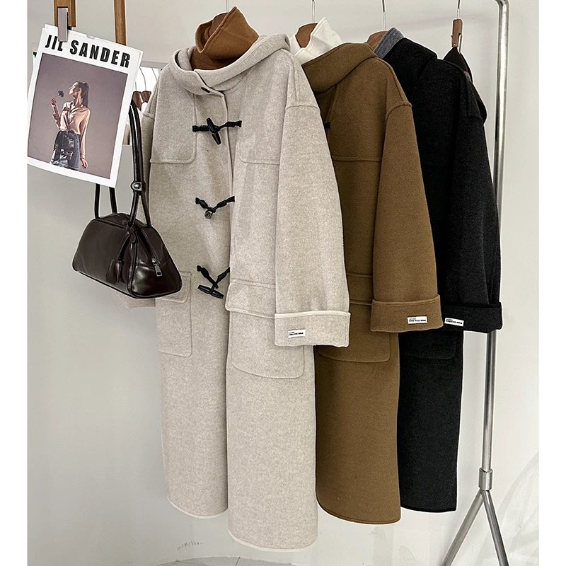 1CoMo 新款百搭时尚秋冬保暖通勤气质韩版连帽牛角扣长款外套7069